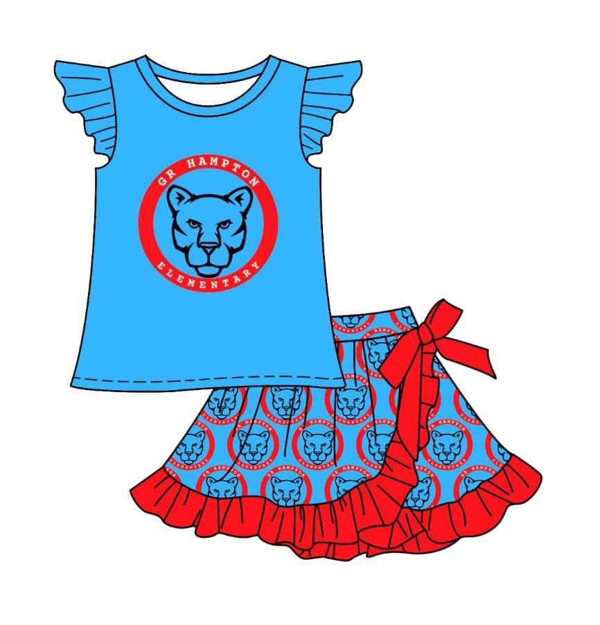 Split Preorder July 24th Baby Girls Blue Flutter Sleeves GR Top Ruffle Skorts Team Set