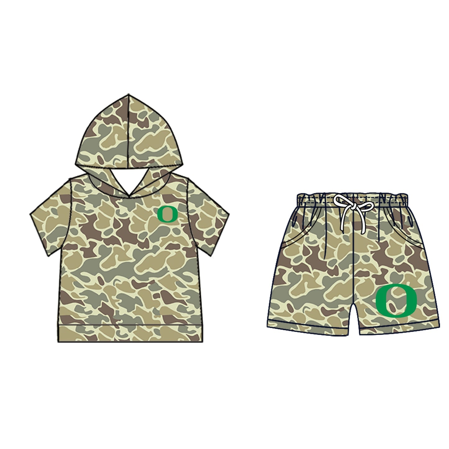 Preorder (moq 5)Baby Boys Khaki Camo Oregon Ducks Hoodie Pockets Short Team Clothes Set
