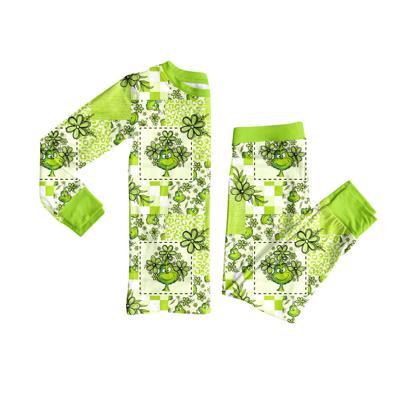 Preorder (moq 5)Baby Girls Green Face Flowers Plaid Top Pant Christmas Pajamas Set