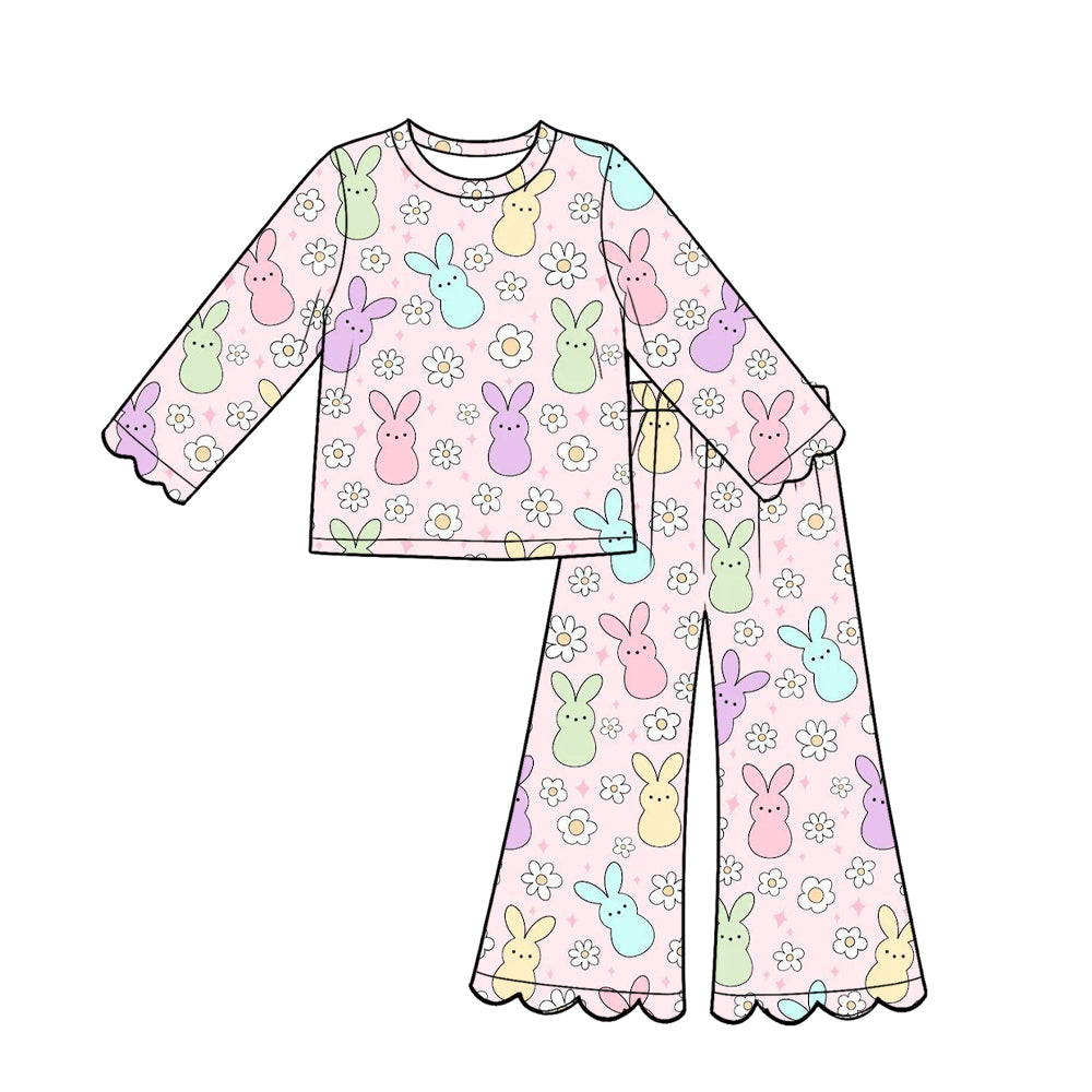 Preorder (moq 5) Girl clothes Pastel Easter Bunny Long Sleeve Round Neck Scalloped Flare Pants 2‑Piece Outfit Set