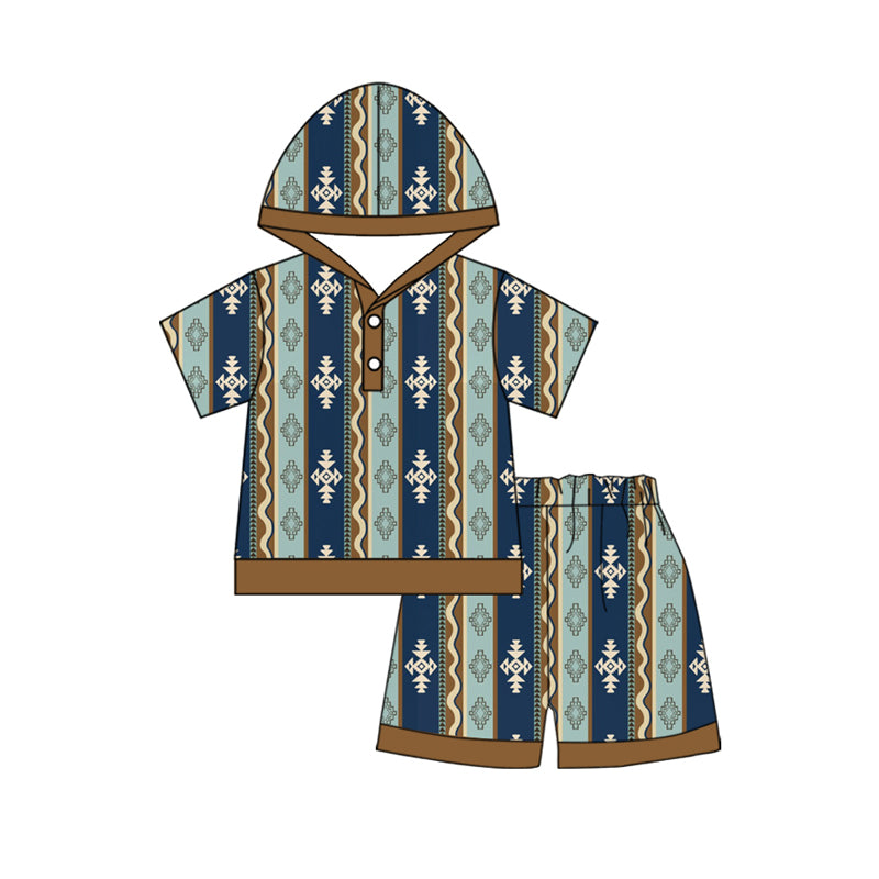 Preorder (moq 5)Baby Boys Stripes Aztec Hooded Top Shorts Clothes Sets
