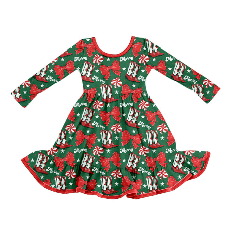 Preorder (moq 5)Baby Girls Red Bows Boots Merry Christmas Ruffle Knee Length Dresses