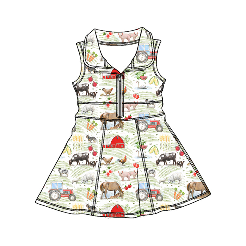 Preorder (moq 5)Baby Girls House Chicks Pigs Farm Zipper Knee Length Dresses