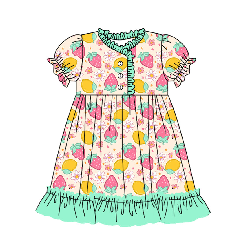 Preorder (moq 5)Baby Girls Green Strawberry Ruffle Knee Length Gowns Dresses