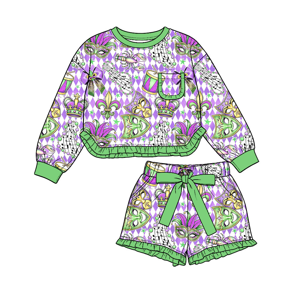Preorder (moq5) Baby Girls Purple Checked Anchors Masks Pocket Top Ruffle Bow Short Mardigras Set
