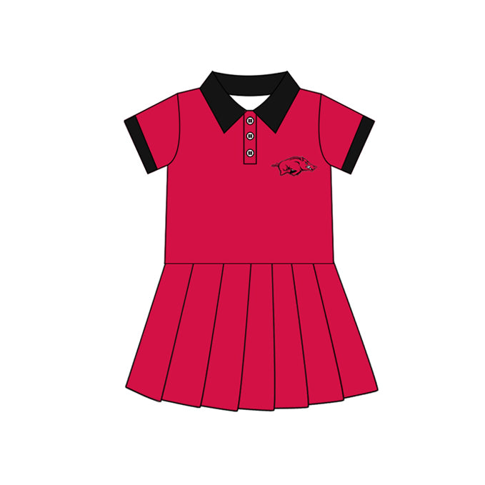 Preorder (moq 5)Baby Girls Red Short Sleeves Button Bull Team Shorts Knee Length Dresses