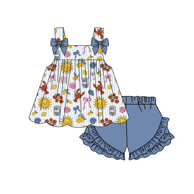 Preorder moq 5 Baby Girls Strap Crayfishes Lemons Tunic Ruffle Shorts Clothes Set