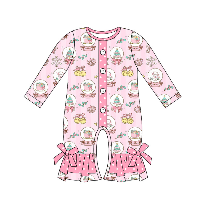 Preorder (moq 5)Baby Girls Pink Long Sleeves Trees Snowmen Button Ruffle Rompers