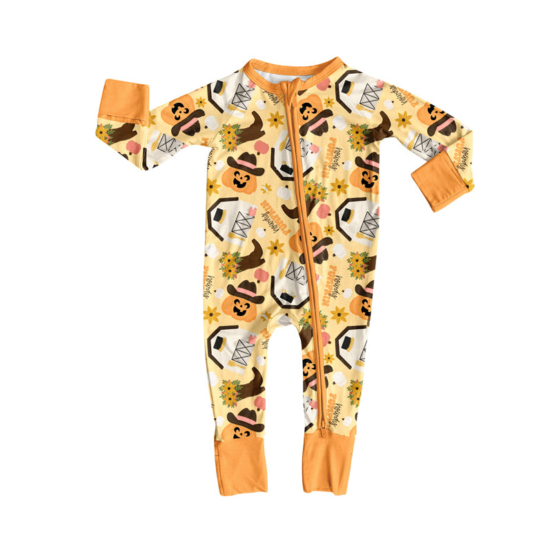 Preorder moq 5 Baby Infant Boys Long Sleeves Yellow Ghost Pumpkins Plaid Zipper Romper