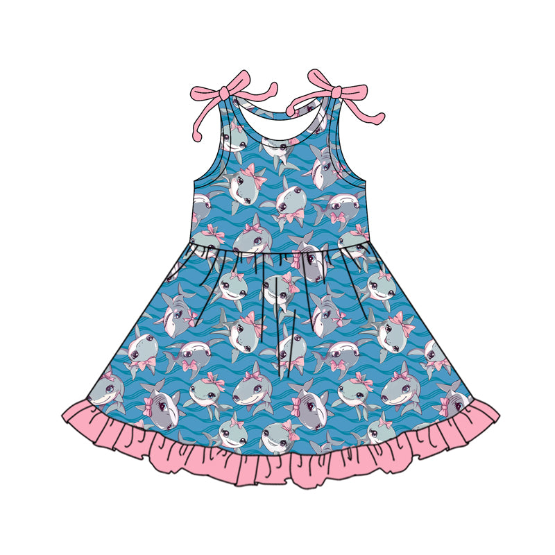 Preorder (moq 5)Baby Girls Hot Blue Bows Sleeveless Sharks Sea Ruffle Knee Length Dresses