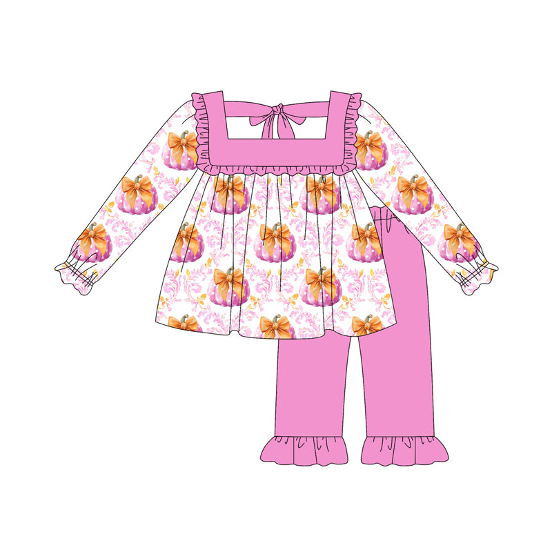 Preorder (moq 5)Baby Girls Long Ruffle Sleeves Pink Floral Pumpkins Plaid Tunic Pant Sets