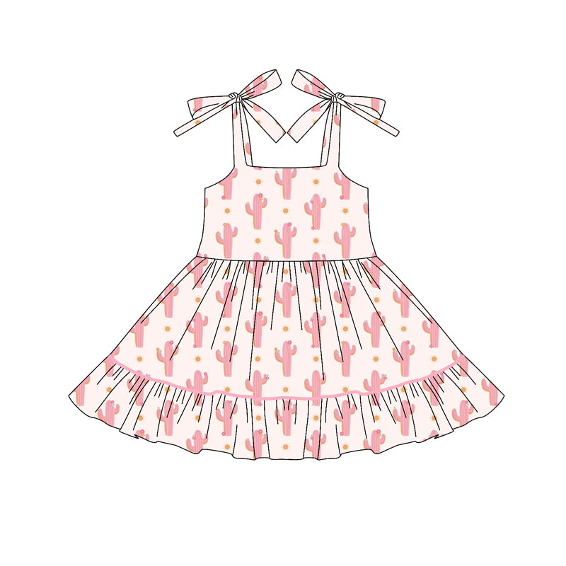 Preorder (moq 5)Baby Girls Bows Strap Pink Cactus Polka Dots Ruffle Knee Length Dresses
