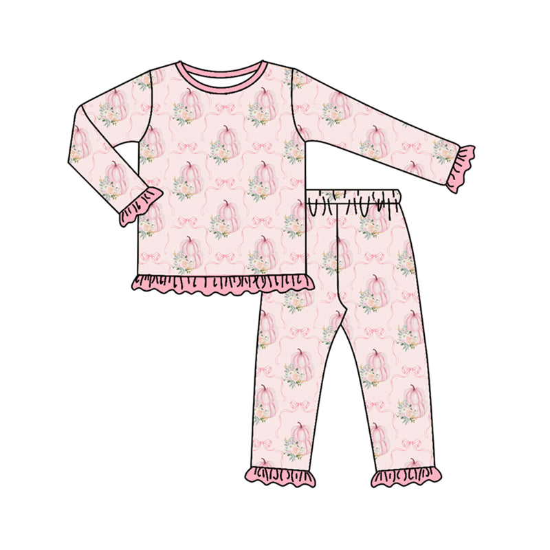Preorder (moq 5)Baby Girls Pink Long Ruffle Sleeves Pumpkins Bows Plaid Top Pant Pajamas Set