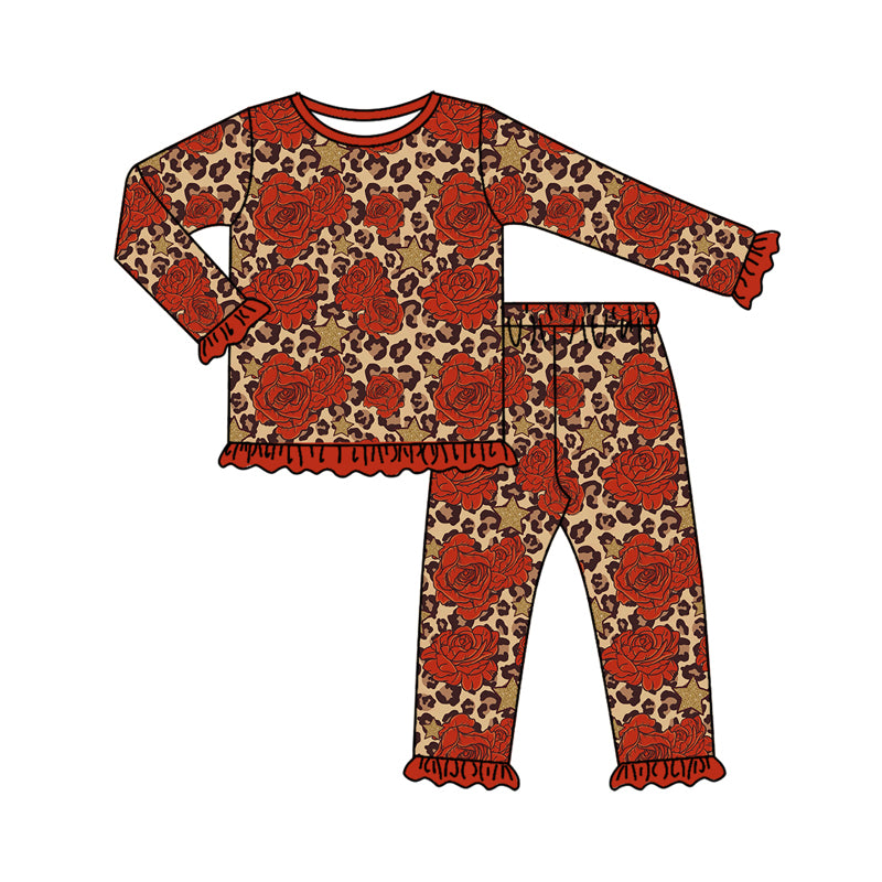 Preorder (moq 5)Baby Girls Long Ruffle Sleeves Leopard Roses Plaid Top Pants Pajamas Set