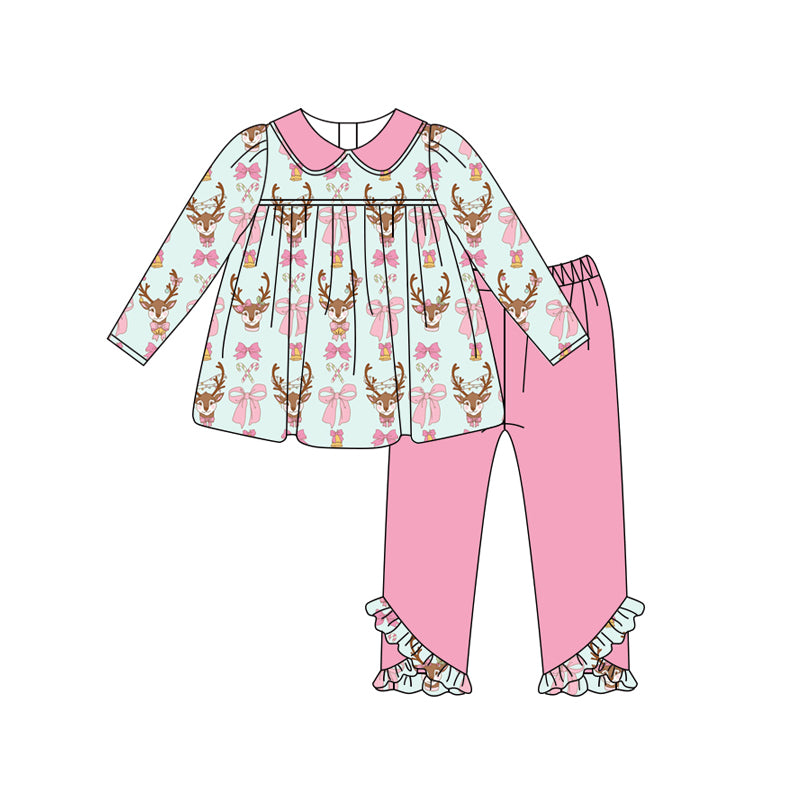 Preorder (moq 5)Baby Girls Long Sleeves Bows Deer Tunic Pink Ruffle Pant Set