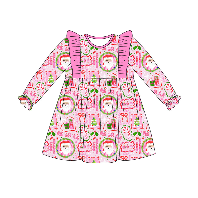 Preorder (moq 5)Baby Girls Long Ruffle Sleeves Pink Santa Bows Plaid Knee Length Dresses