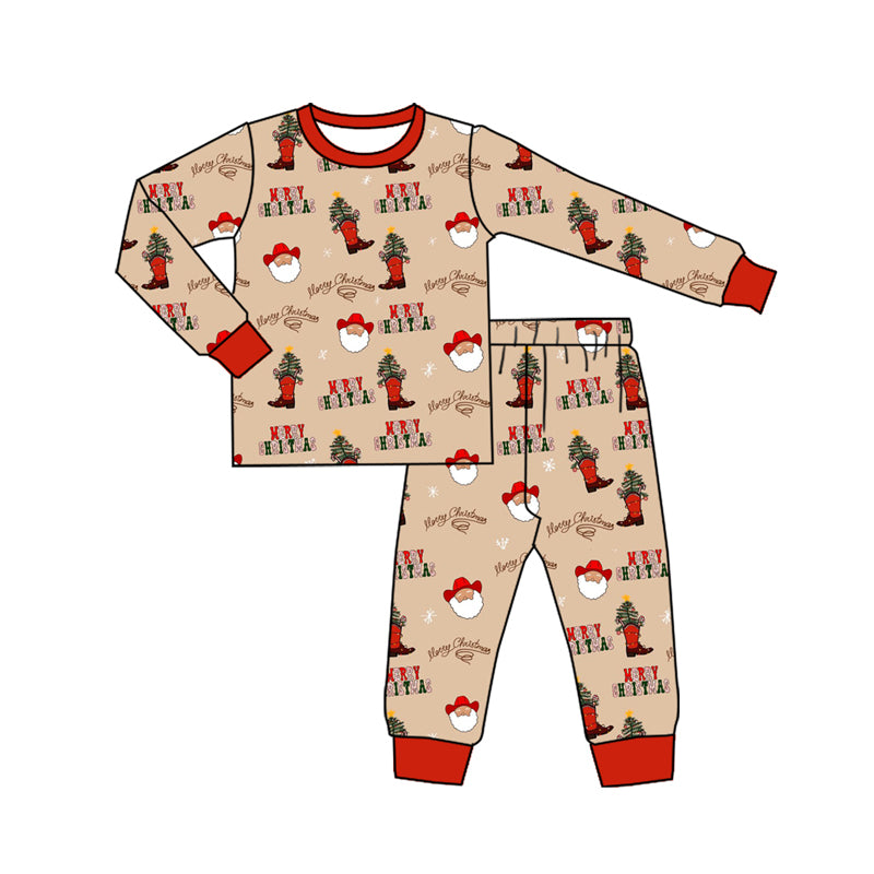Preorder (moq 5)Baby Boys Long Sleeves Christmas Santa Boots Top Pant Pajamas Set