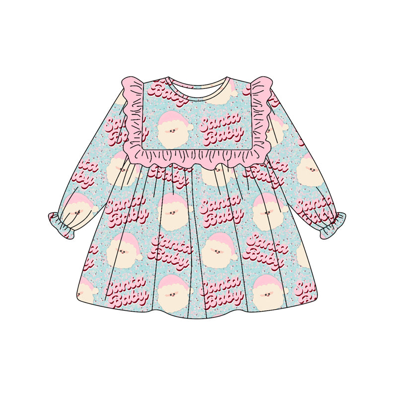 Preorder (moq 5)Baby Girls Long Ruffle Sleeves Pink Santa Babe Knee Length Dresses
