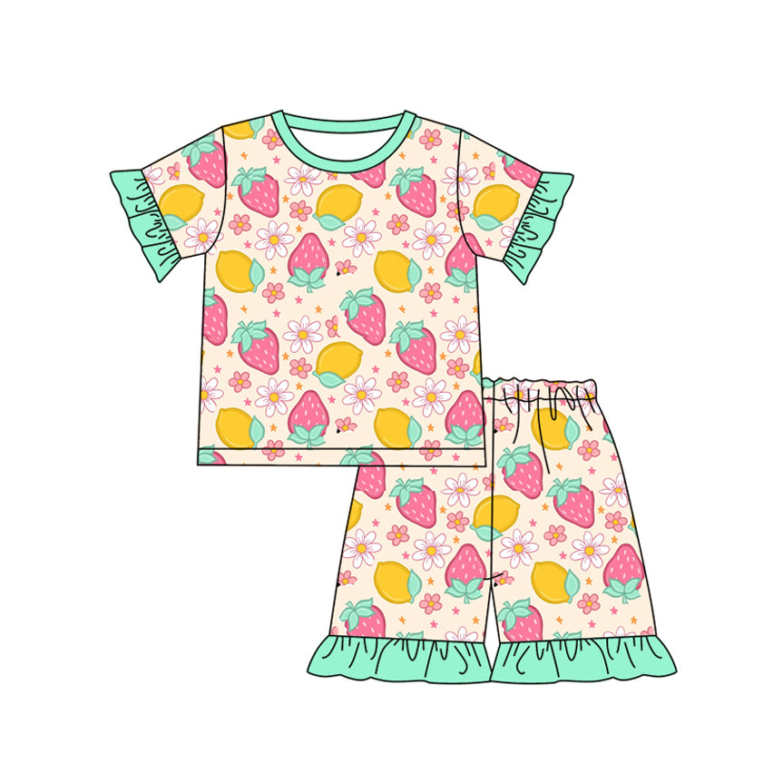 Preorder (moq 5)Baby Girls Green Strawberry Top Shorts Pajamas