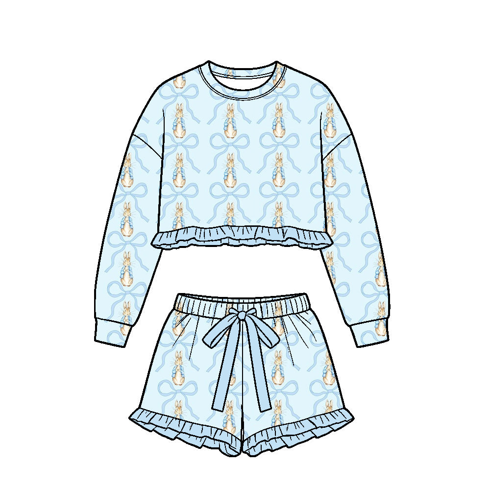 Preorder (moq 5) Baby Girls Blue Bows Rabbits Long Sleeve Top Ruffle Short Easter Clothes Set