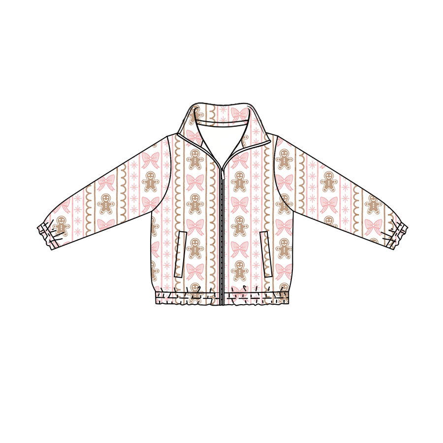 Preorder (moq 5)Baby Girls Bows Gingerbread Stripe Christmas Zip Pockets Jackets Top