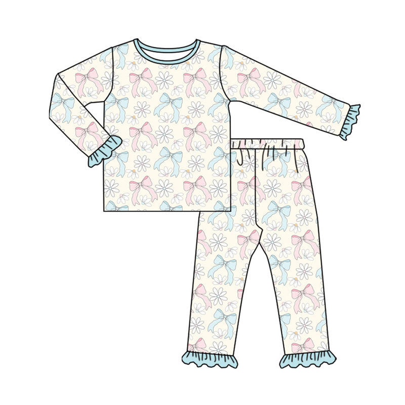 Preorder(moq 8)Baby Girls Long Sleeve Blue Pink Bows Flowers Top Ruffle Pants Pajamas Sets