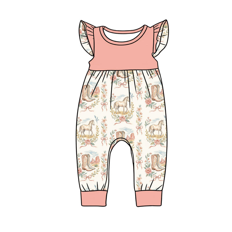 preorder(moq 5) Baby Girls Flutter Sleeve Pink Boots Horses Western Rompers