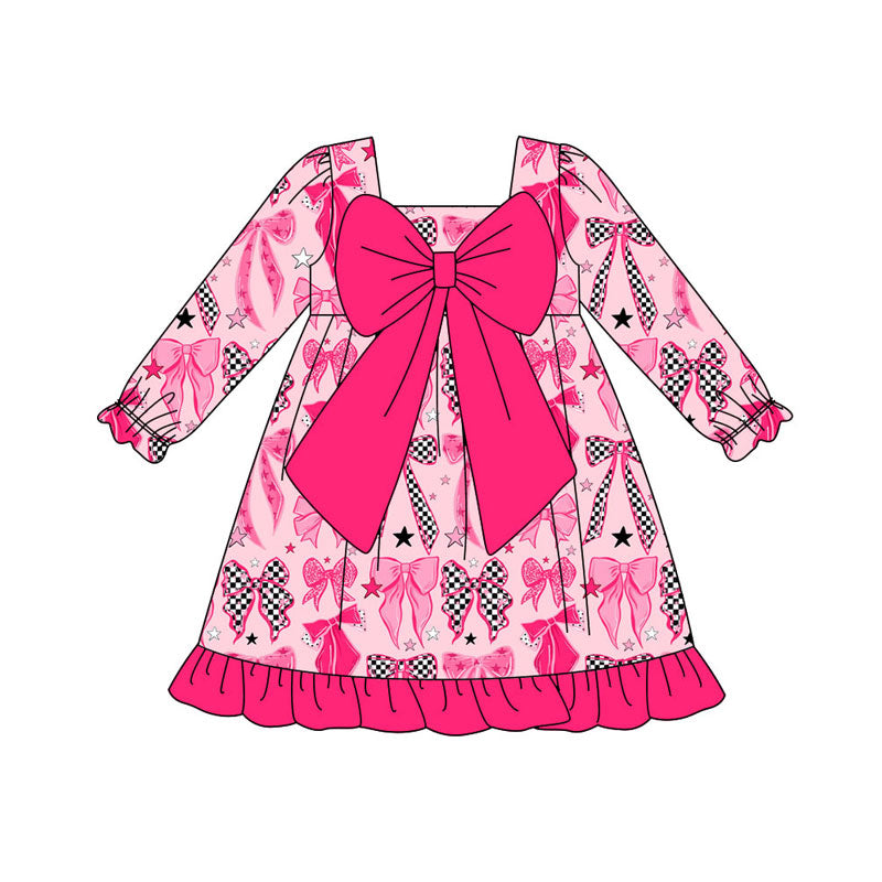 Preorder(moq 8)Baby Girls Pink Stars Bows Valentine Ruffle Knee Length Dresses