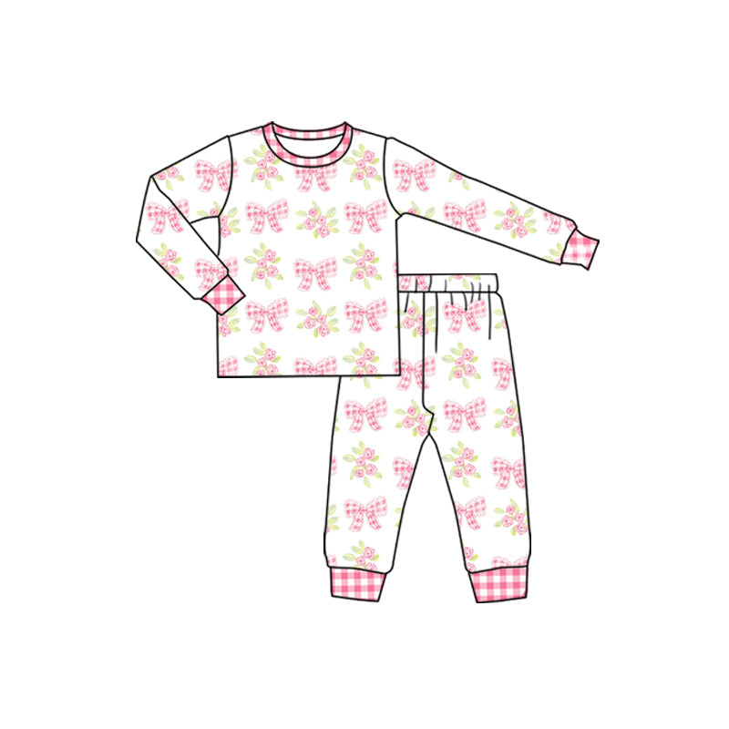 Preorder (moq 5)Baby Boys Long Sleeves Plaid Bows Flowers Top Pant Pajamas Set