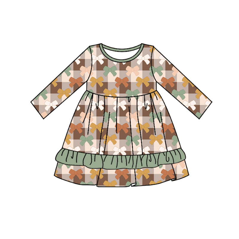 Preorder moq 5 Baby Girls Long Sleeves Brown Khaki Plaid Bows Ruffle Knee Length Dresses