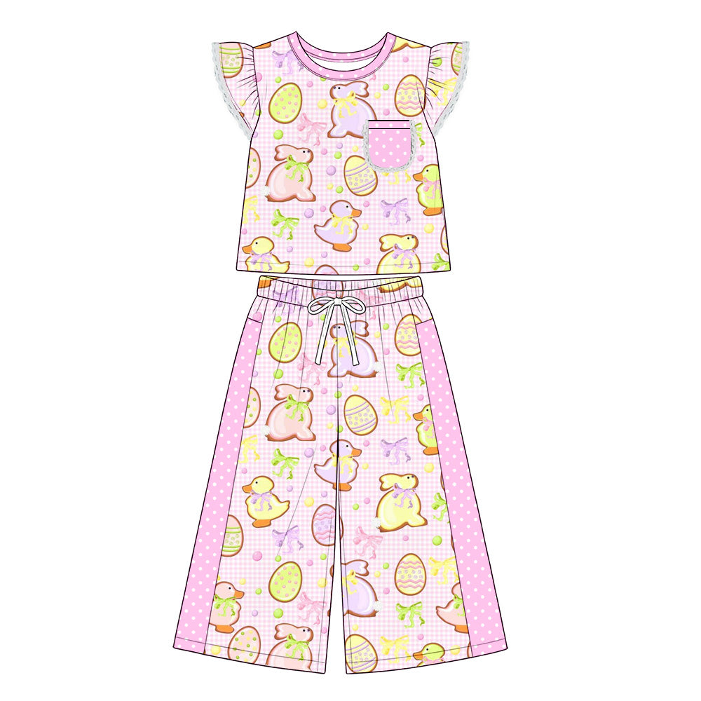 Preorder (moq 5) Baby Girl Clothes Easter Bunny Duck Gingham Mixed Print Flutter Short Sleeve Wide Leg Pant Set