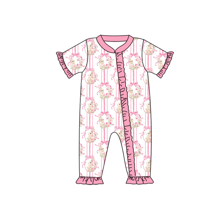 Preorder moq 5 Baby Girls’ Easter Bunny Bow Ruffle Zip-Up Romper, Festive Holiday Outfit