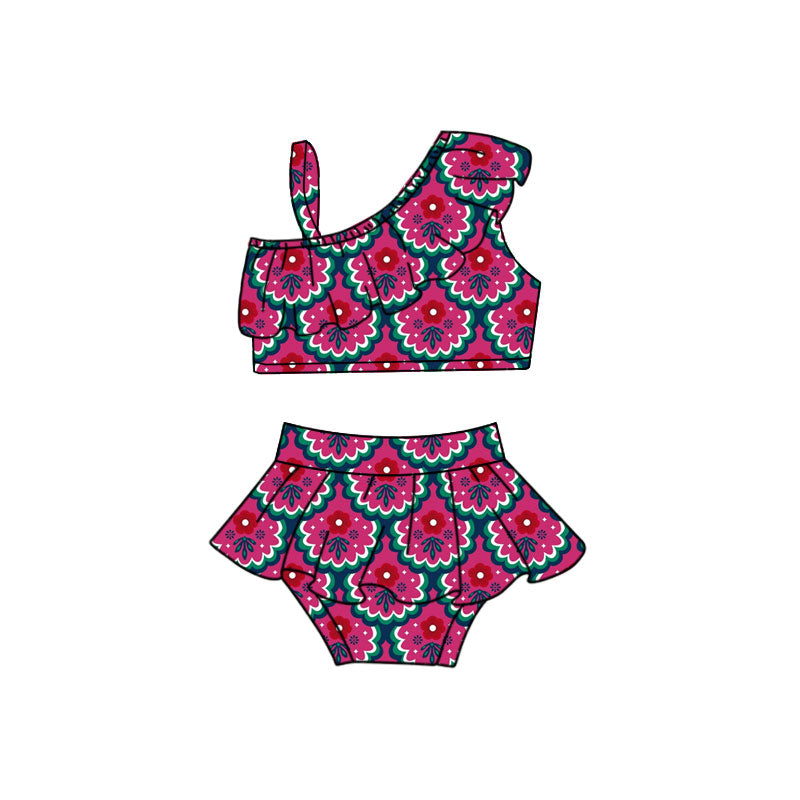 Preorder(moq 5) Baby Girls Flowers Checked One Strap Top Ruffle Bummies 2 Piece Swimsuits