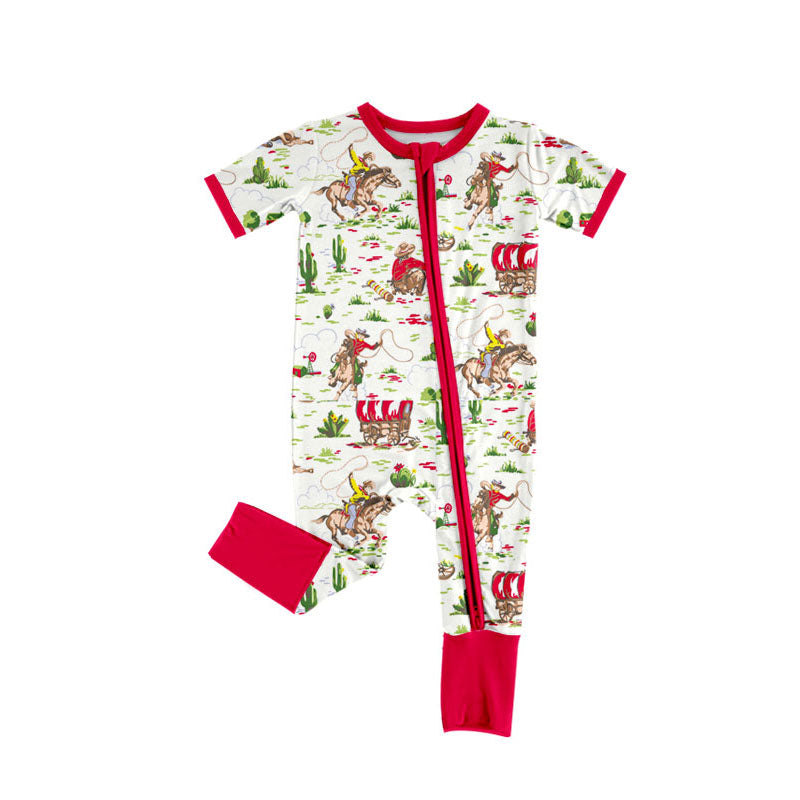 Preorder (moq 8)Baby Boys Horse Rodeos Western Zipper Footie Rompers