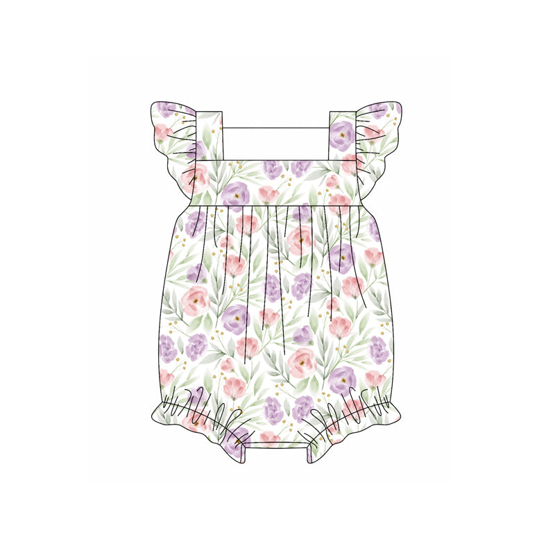 Preorder moq 5 Baby Girls Flutter Sleeves Lavender Pink Flowers Ruffle Rompers