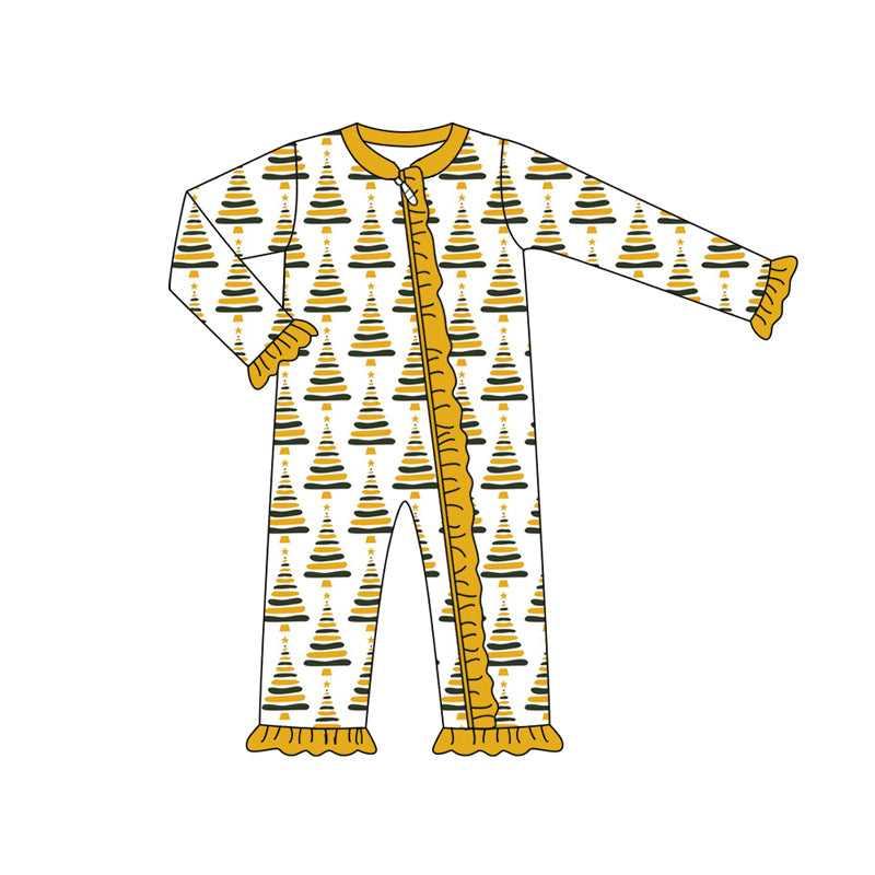 Preorder (moq 5)Baby Girls Long Sleeves Yellow Stripes Trees Plaid Ruffle Zipper Romper
