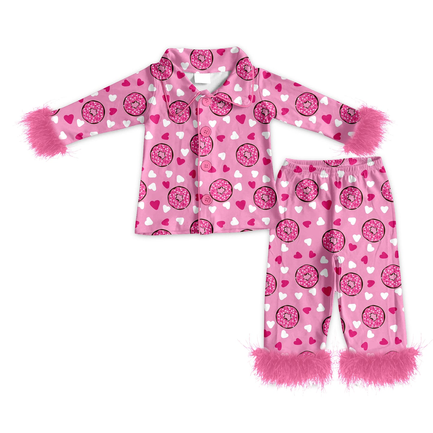 Preorder (moq 5)Baby Girls Donuts Hearts Button Top Pants Valentines Fur Sleeve Pajamas Sets