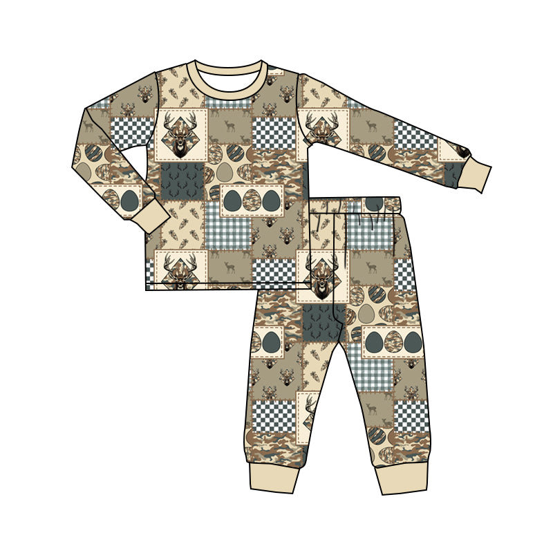 Preorder (moq 5) Baby Boy Clothes Easter Deer Camo Patchwork Print Long Sleeve Top Jogger Pant Pajama Set