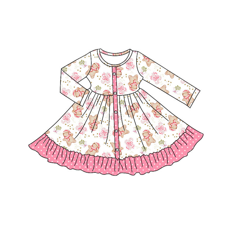 Preorder (moq 5)Baby Girls Gingerbread Candy Cane Button Ruffle Christmas Knee Length Dress
