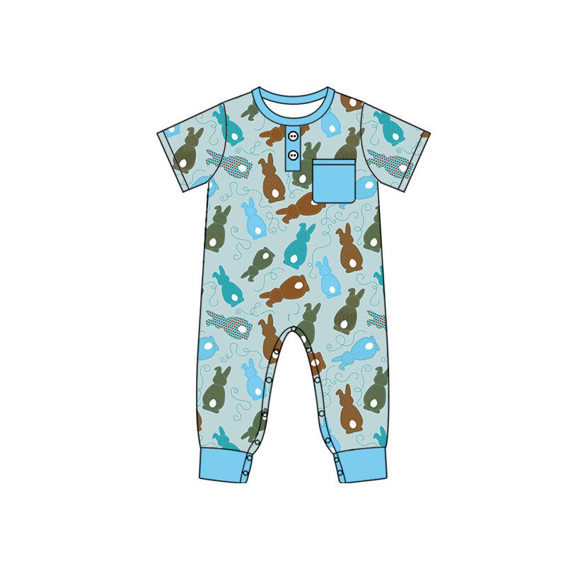 Preorder (moq 8)Baby Boys Pocket Button Colorful Rabbits Easter Footie Rompers