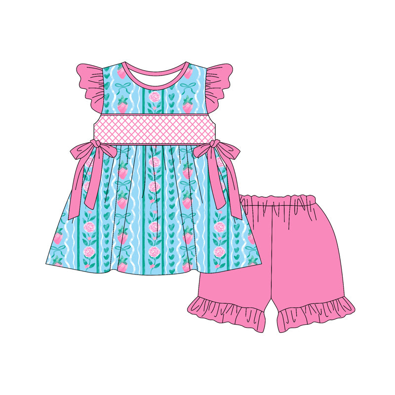 Preorder moq 5 Baby Girls Pink Flutter Sleeves Bows Flowers Stripe Tunic Ruffle Short Set