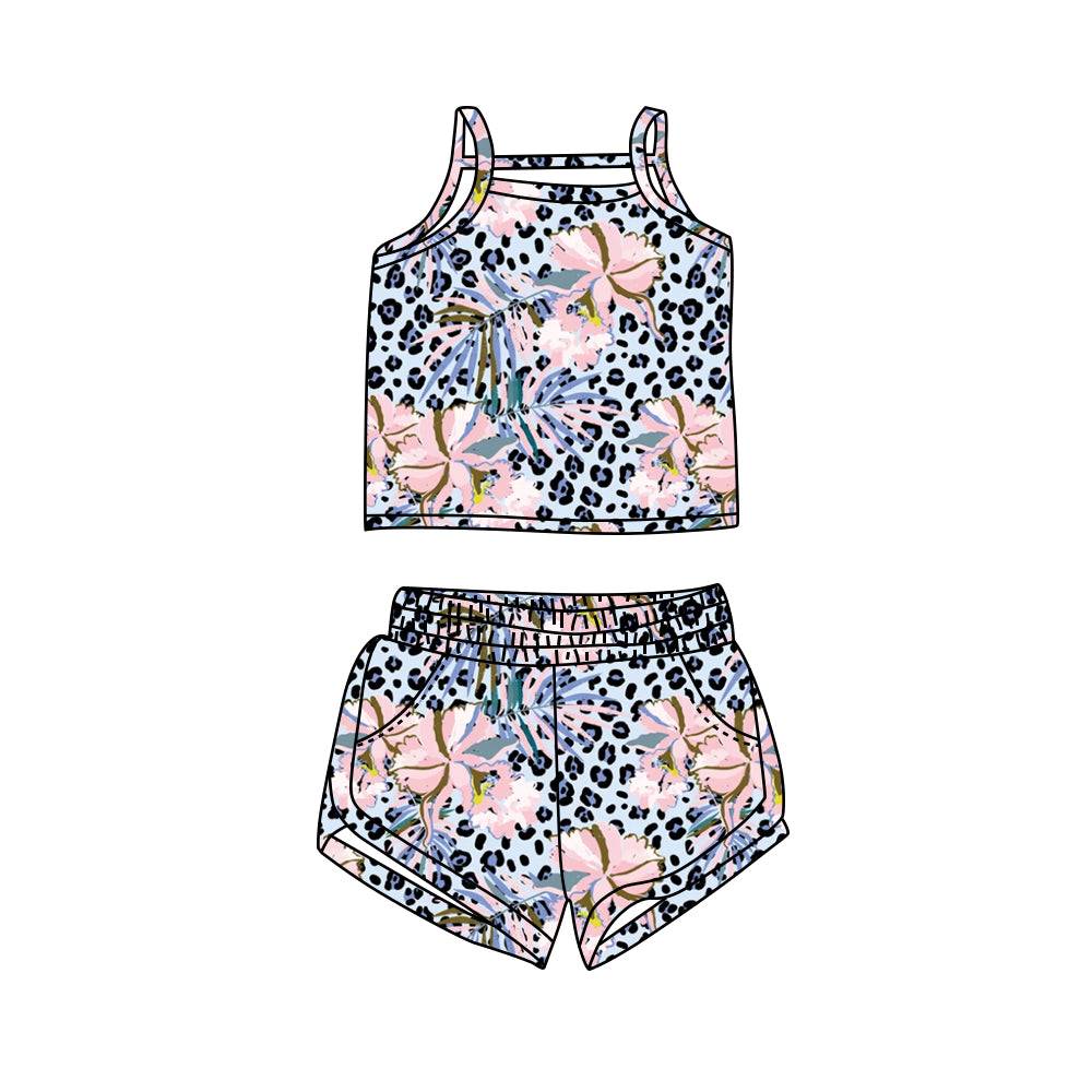 Preorder (moq 5)Baby Girls Blue Leopard Leaves Straps Top Shorts Clothes Sets