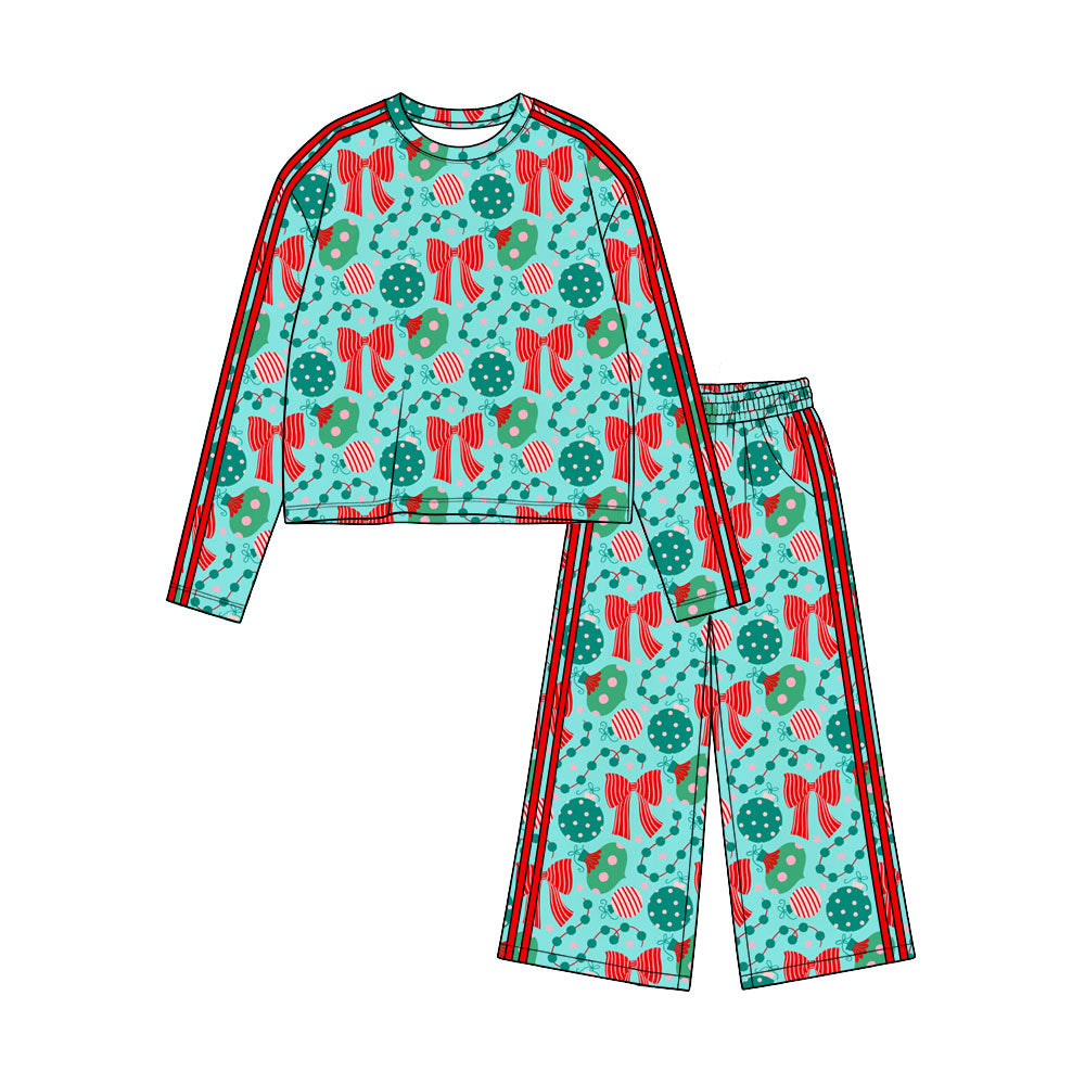 Preorder(moq 5) Girls Christmas Bow Print 2-Piece Soft Long Sleeve Pants Side Stripe Holiday Loungewear Set