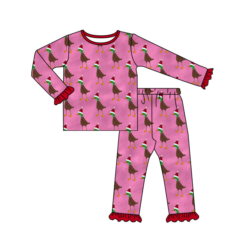 Preorder (moq 5)Baby Girls Long Ruffle Sleeves Hot Pink Hats Ducks Top Pant Pajamas Set