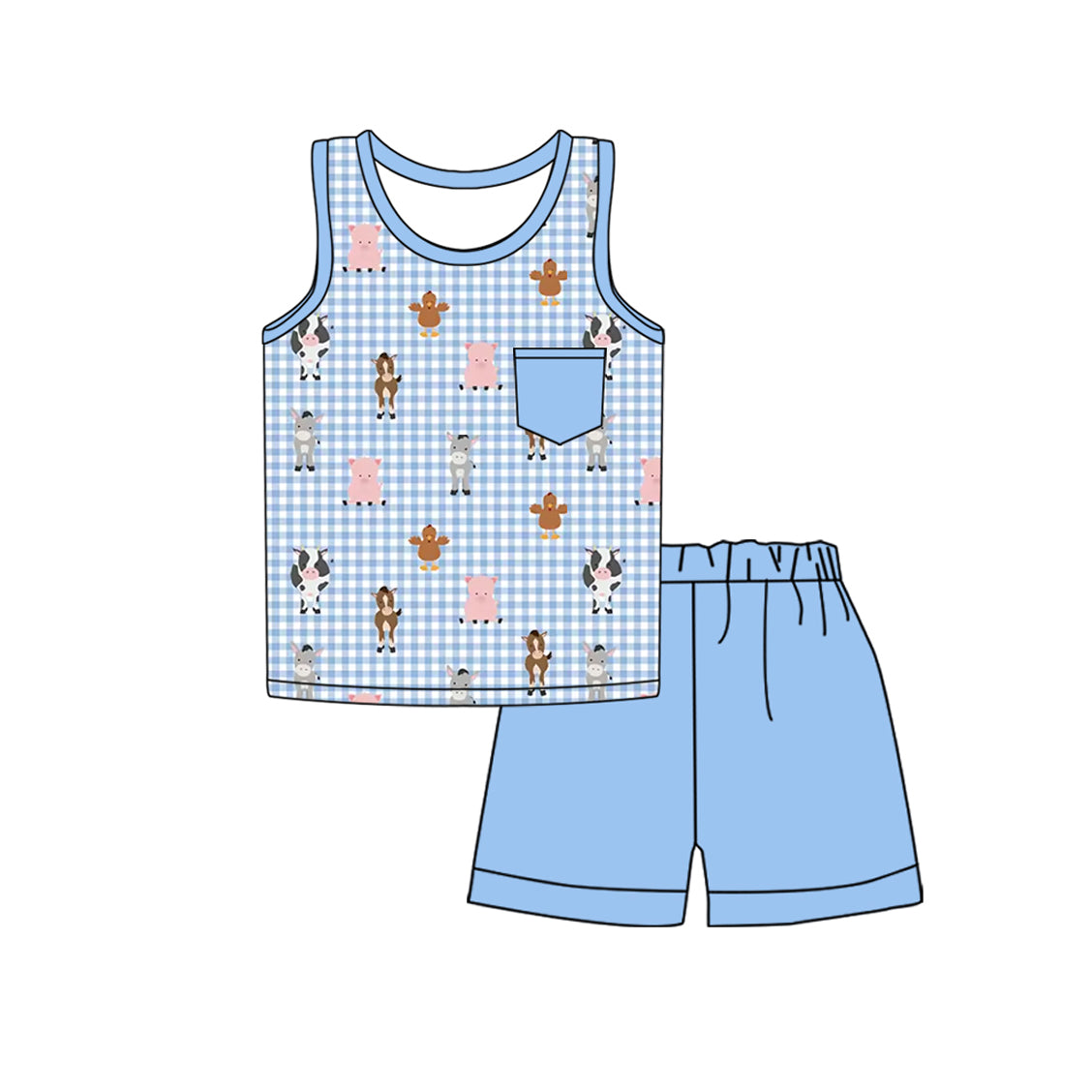 Preorder (moq 5)Baby Boys Farm Checkered Cows Shirt Shorts Clothes Sets
