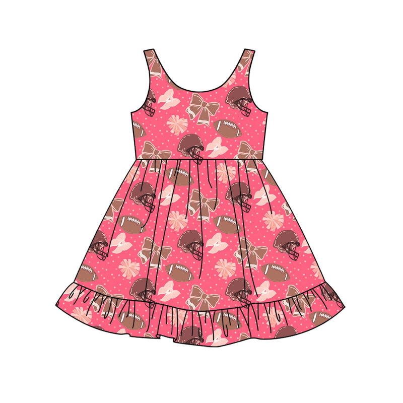 Preorder (moq 5)Baby Girls Peach Sleeveless Footballs Bows Polka Dots Knee Length Dresses