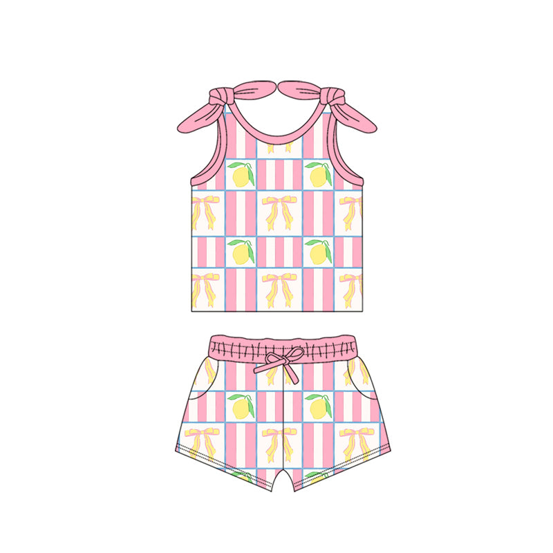 Preorder moq 5 Baby Girls Bows Sleeveless Bows Lemons Top Pockets Short Set