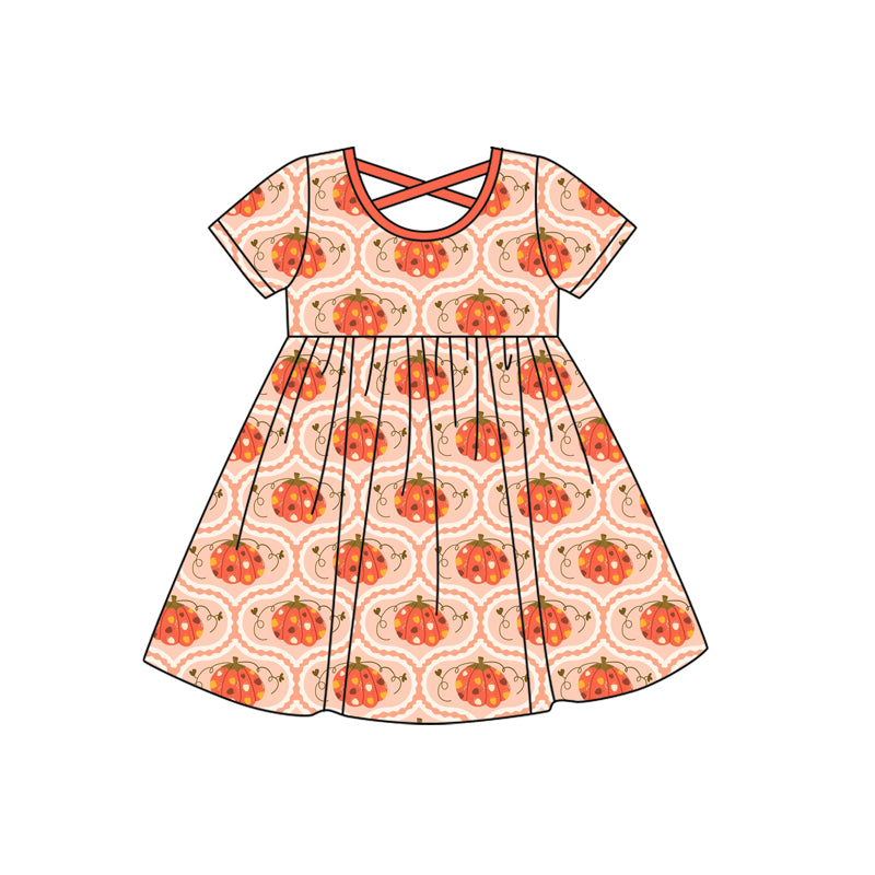 Preorder (moq 5)Baby Girls Orange Short Sleeves Pumpkins Plaid Knee Length Dresses