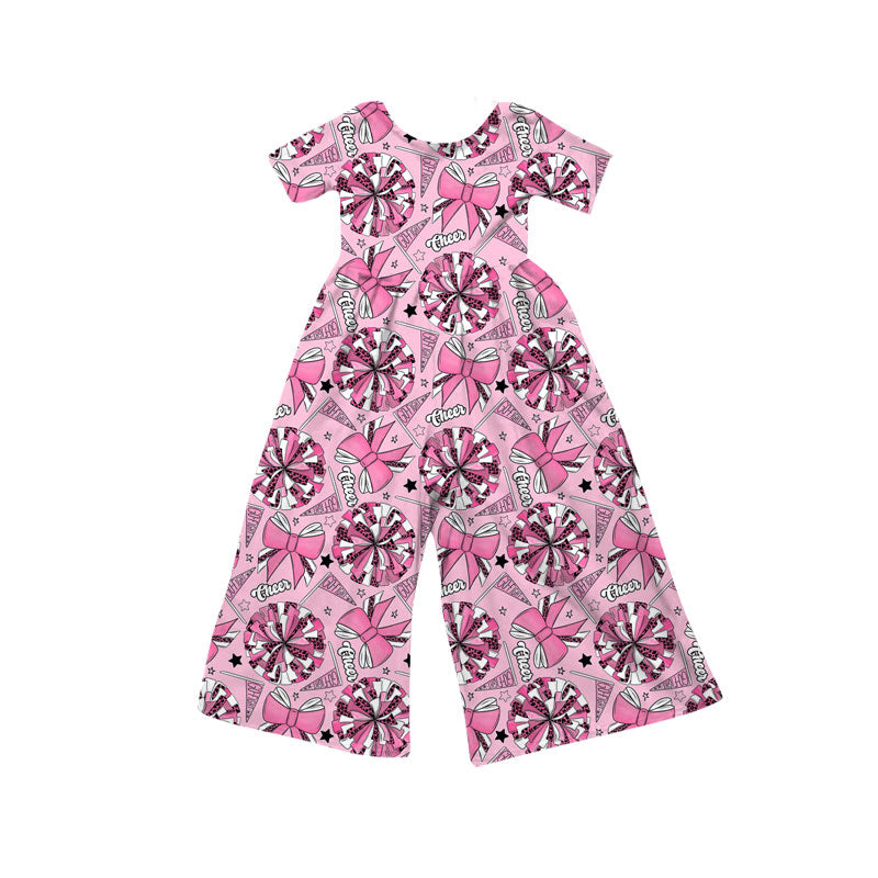 Preorder(moq 8)Baby Girls Pink Bows Go Footballs Short Sleeve Team Pant Jumpsuits