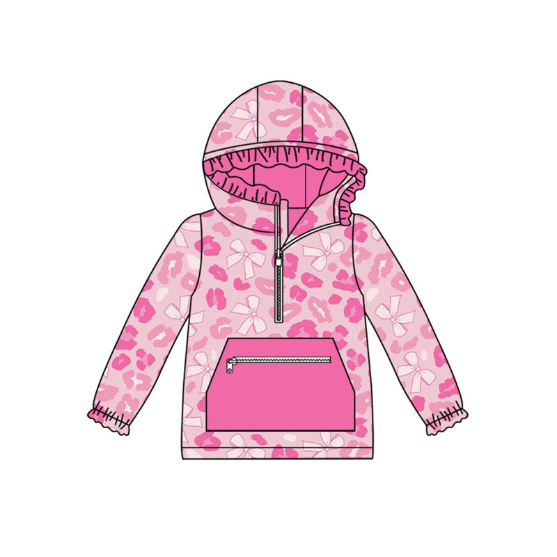 Preorder (moq 5)Baby Girls Pink Bows Leopard Pocket Zipper Ruffle Hoodies Top